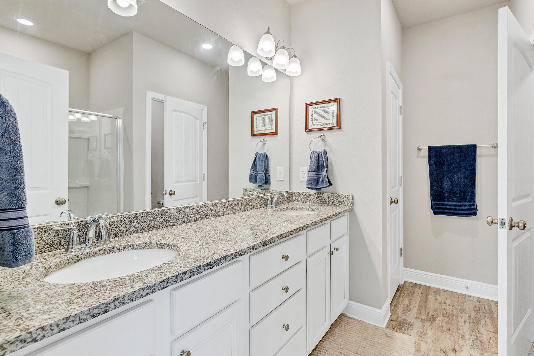 186 Southern Pnes Road Santa Rosa Beach, FL 32459 - Photo 17 of 32 a bathroom with a granite countertop double vanity sink a mirror and a shower