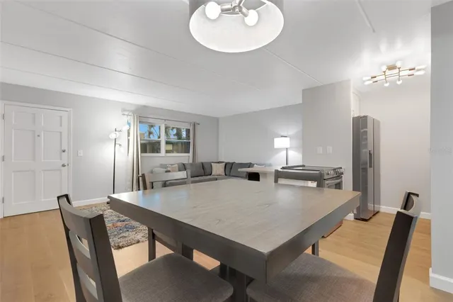 a view of a dining room with furniture