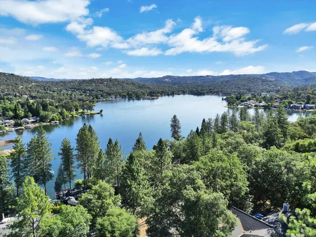 an aerial view of residential houses with outdoor space and trees