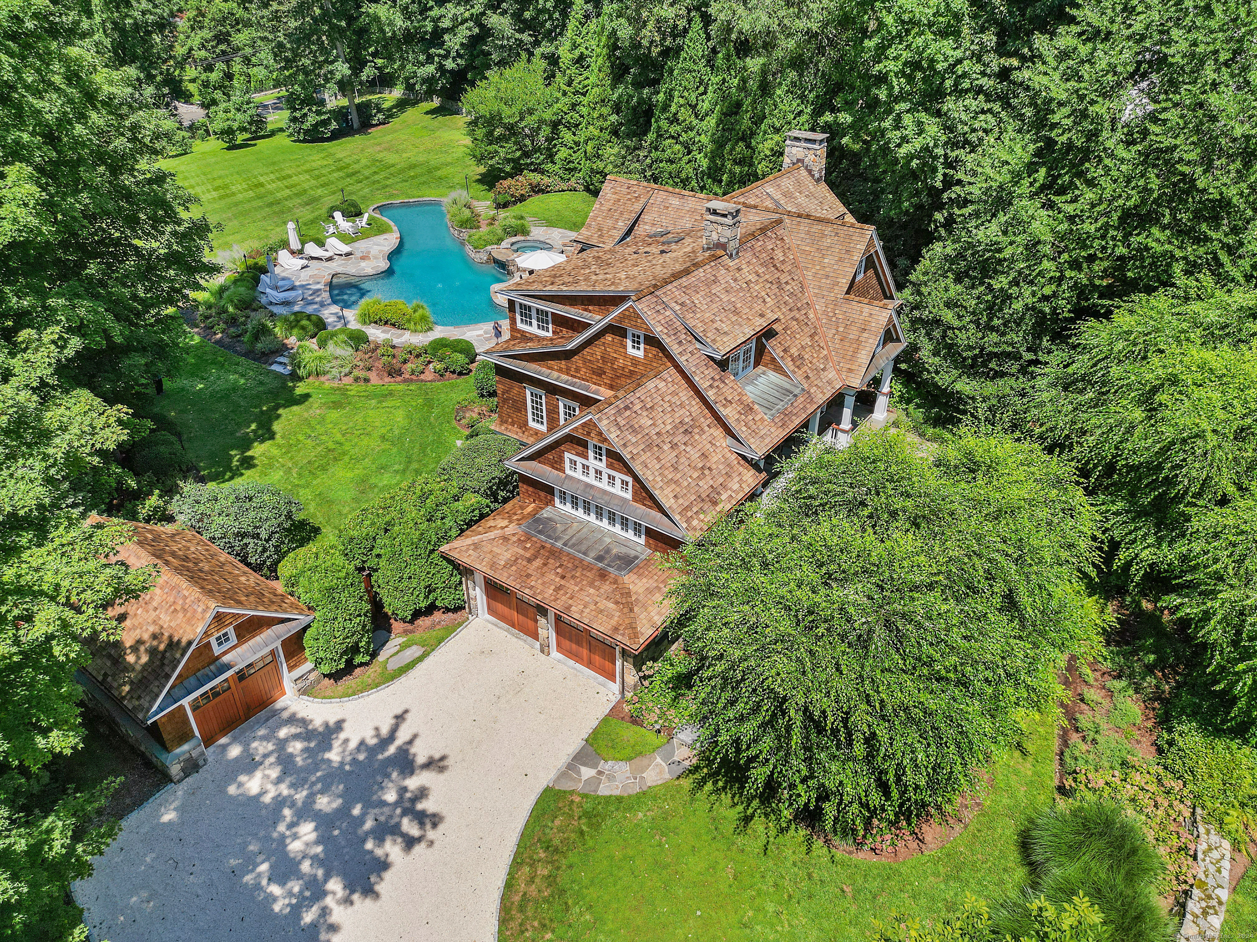 15 Catamount Road Westport, CT 06880 - Photo 39 of 39 an aerial view of a house with a garden and lake view