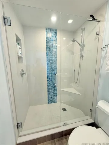 a bathroom with a shower and a toilet