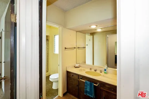 a bathroom with a double vanity sink toilet and shower