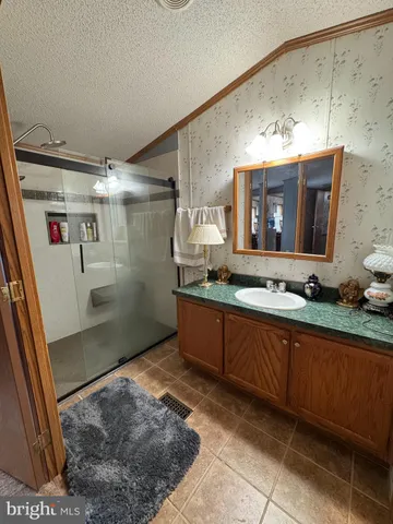 a bathroom with a sink a mirror and a shower