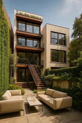 a view of a house with backyard and furniture