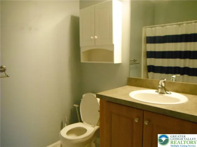 a bathroom with a sink a toilet and mirror