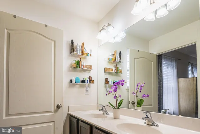 a bathroom with a sink vanity and a mirror
