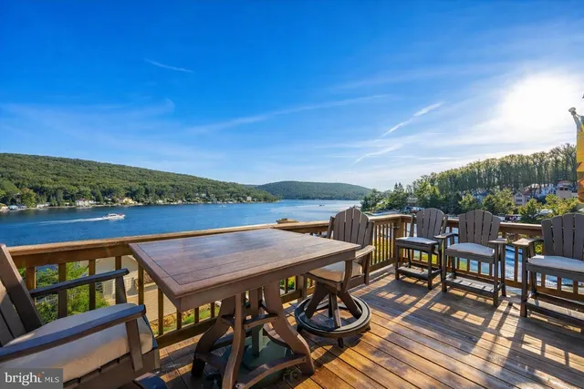an outdoor space with furniture