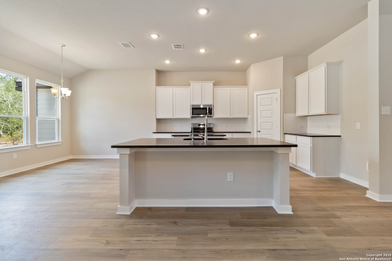 21225 Jordans Ranch Way San Antonio, TX 78264 - Photo 6 of 30 a kitchen with kitchen island granite countertop wooden floors white cabinets and stainless steel appliances