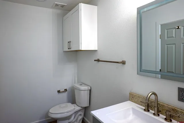 a bathroom with a toilet a sink and mirror