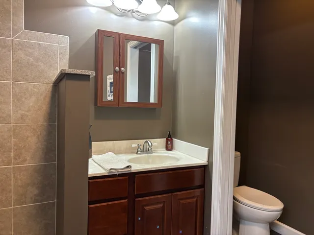 a bathroom with a sink toilet and mirror