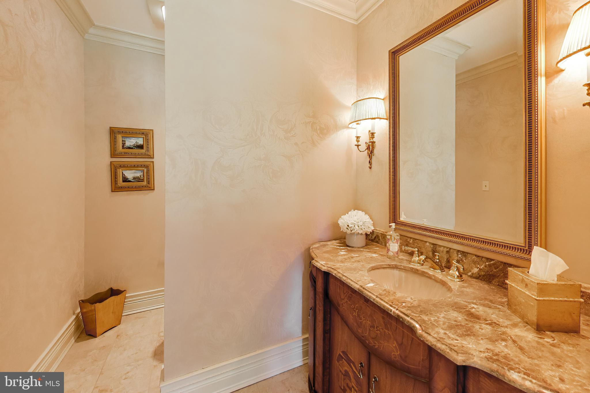 9001 Persimmon Tree Road Potomac, MD 20854 - Photo 18 of 77 a bathroom with a granite countertop sink and a mirror