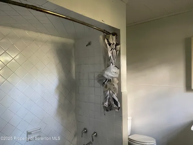 a bathroom with a shower and a toilet