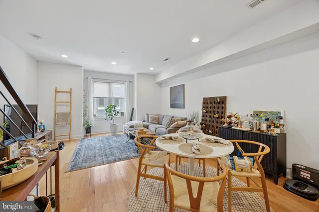 a view of a dining room with furniture