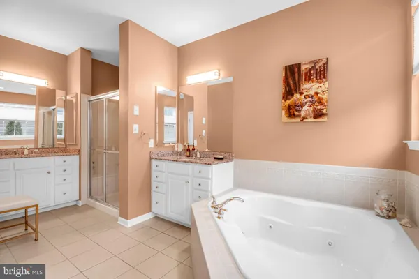 a bathroom with a tub sink and mirror