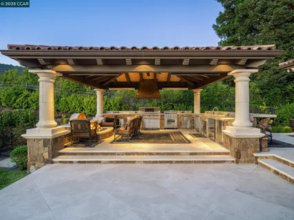 a view of a house with swimming pool and sitting area