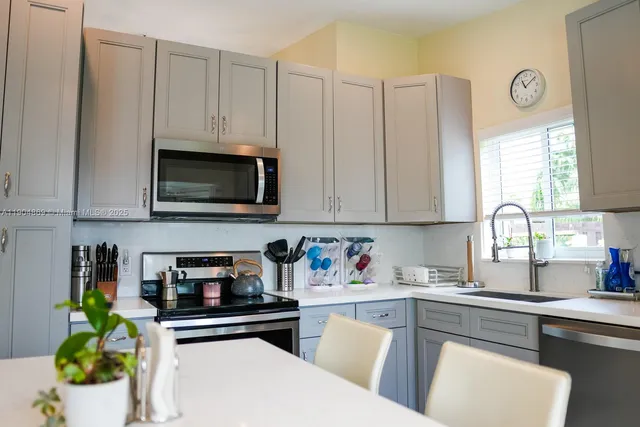 a kitchen with stainless steel appliances white cabinets sink and a window