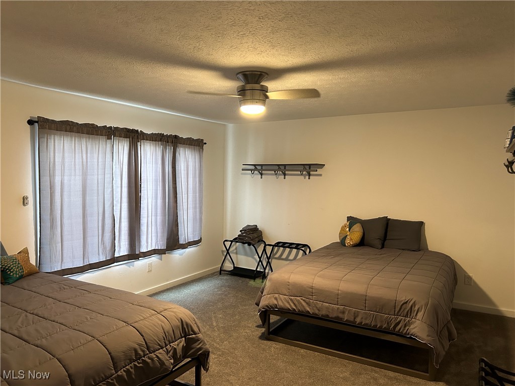 3005 Bardshar Road Sandusky, OH 44870 - Photo 13 of 24 Bedroom featuring baseboards, a ceiling fan, dark colored carpet, and a textured ceiling