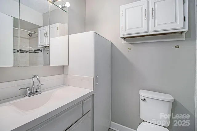 a bathroom with a sink a toilet and a mirror