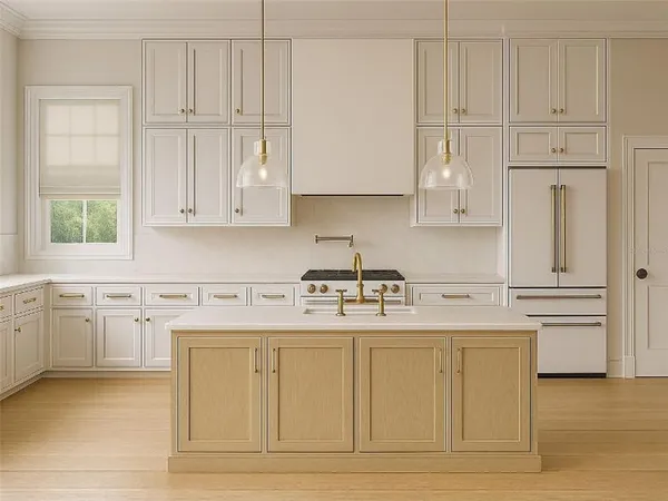 a kitchen with white cabinets and sink