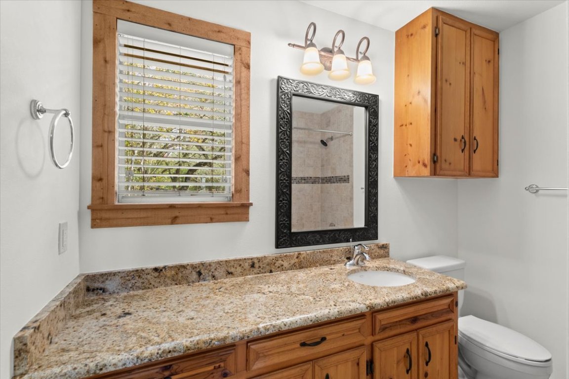16808 Forest Way Austin, TX 78734 - Photo 20 of 33 a bathroom with a granite countertop sink and a toilet