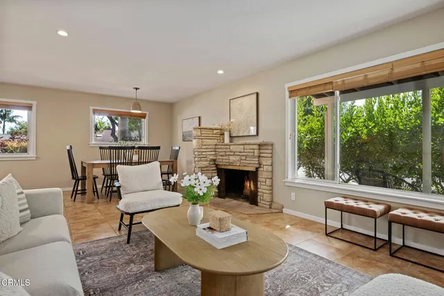 a living room with furniture and a fireplace