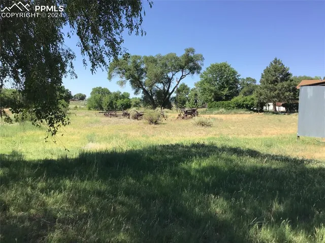 a view of a lake with a yard and large trees