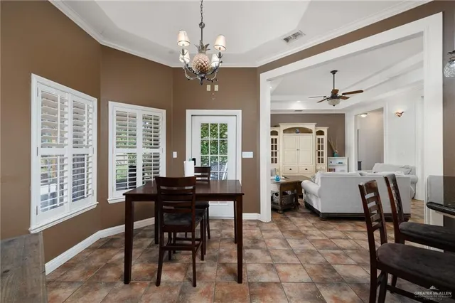 a view of a dining room with furniture window and outside view