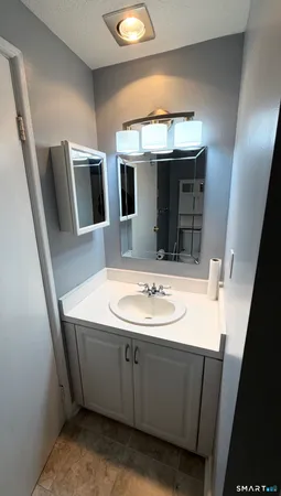 a bathroom with a sink and a mirror