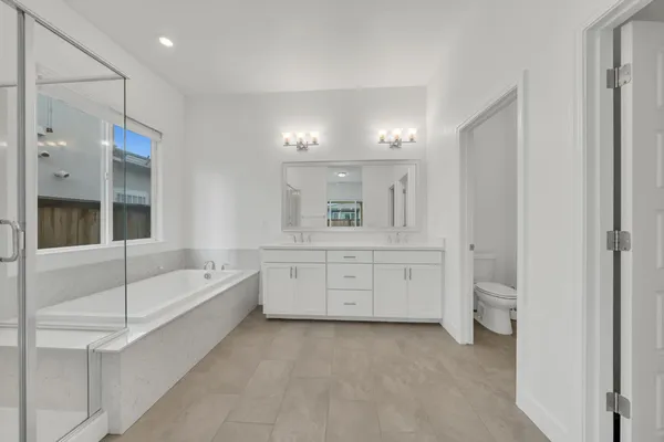 a bathroom with a double vanity sink a toilet a mirror and shower