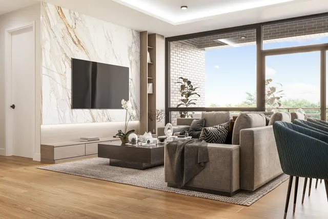 a living room with furniture and a large window