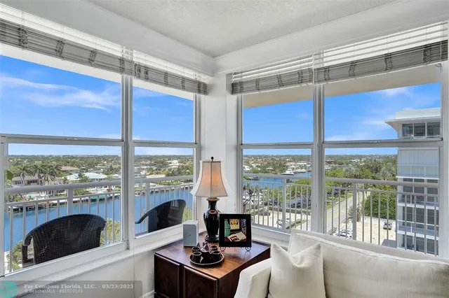 a living room with furniture city view