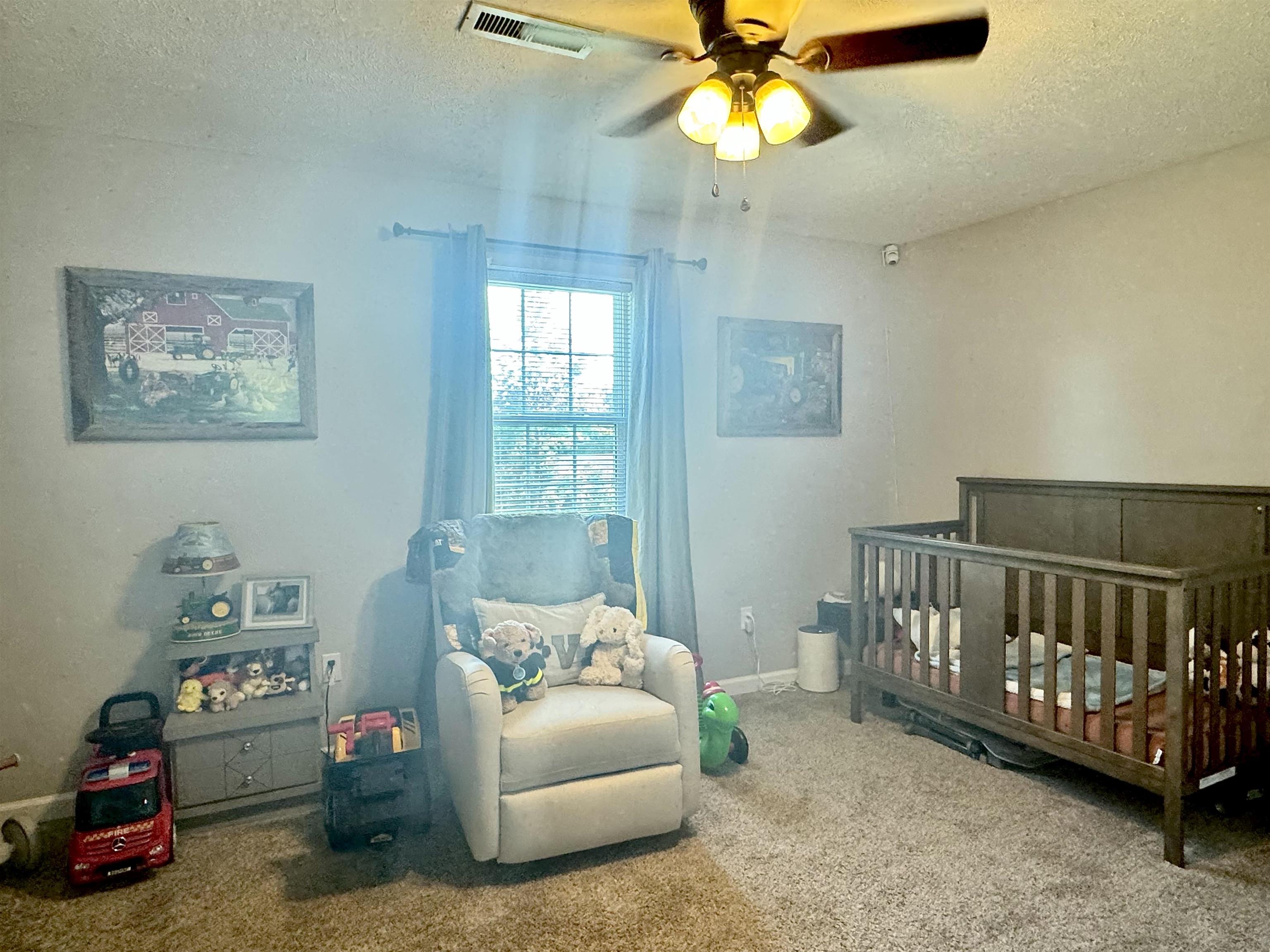 780 Ammons Road Selmer, TN 38375 - Photo 12 of 21 Carpeted bedroom with ceiling fan, a textured ceiling, and a nursery area