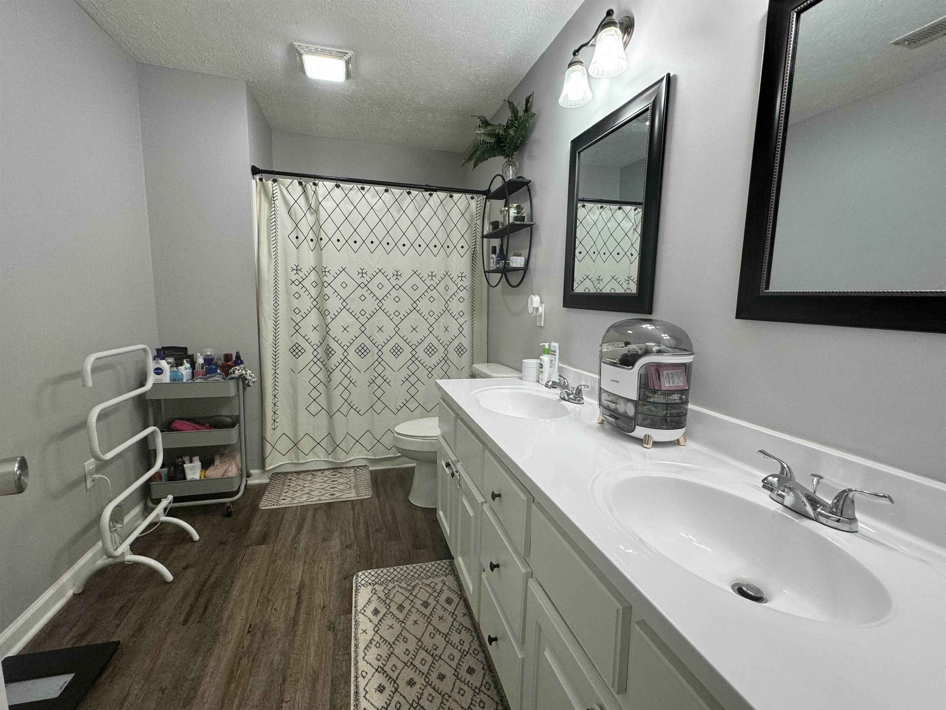 780 Ammons Road Selmer, TN 38375 - Photo 15 of 21 Bathroom with a textured ceiling, toilet, wood-type flooring, and double sink vanity