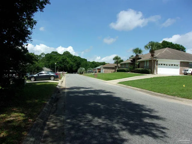 a view of a park with large trees