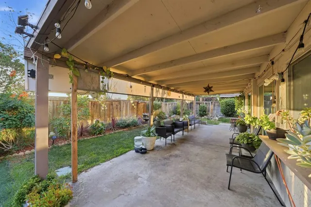 a view of a patio with table and chairs potted plants and a large tree