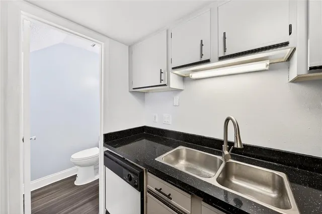 a close view of a sink a toilet and dishwasher in a kitchen