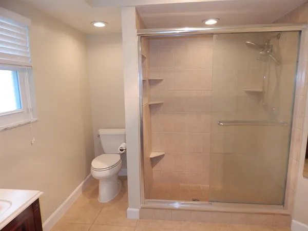 a bathroom with a shower and a toilet