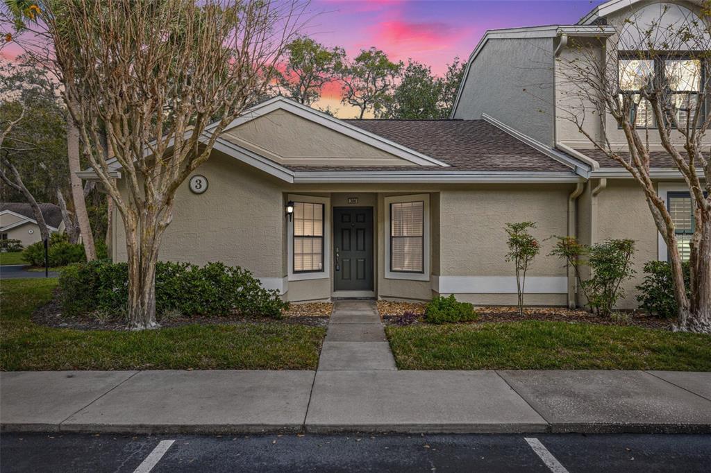 a front view of a house with a yard and a garage