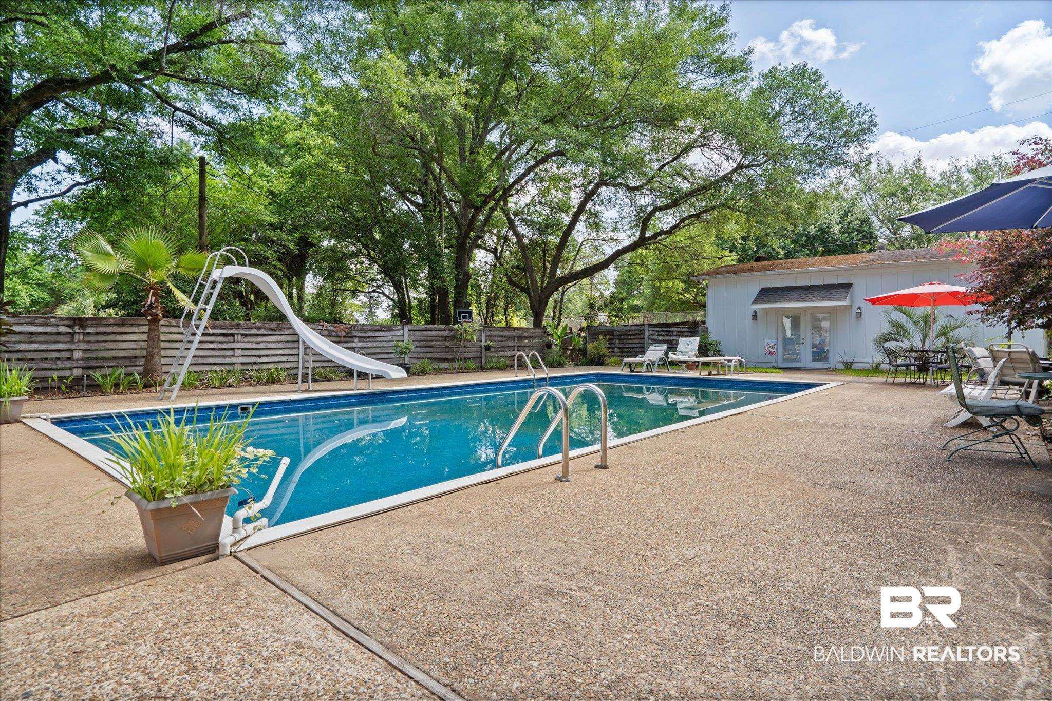 559 East Cumberland Road Mobile, AL 36608 - Photo 9 of 48 View of pool featuring a fenced backyard, patio surround, a water slide, and french doors