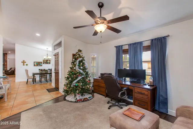 a view of a workspace with furniture and a potted plant