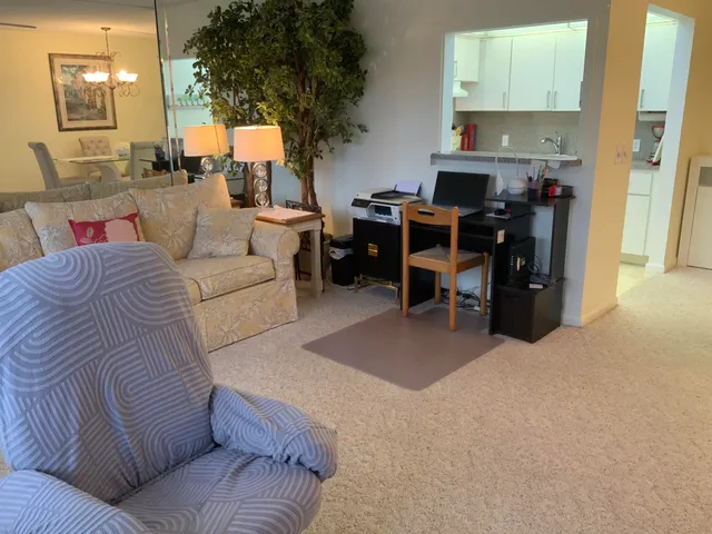 a living room with furniture a fireplace and a potted plant
