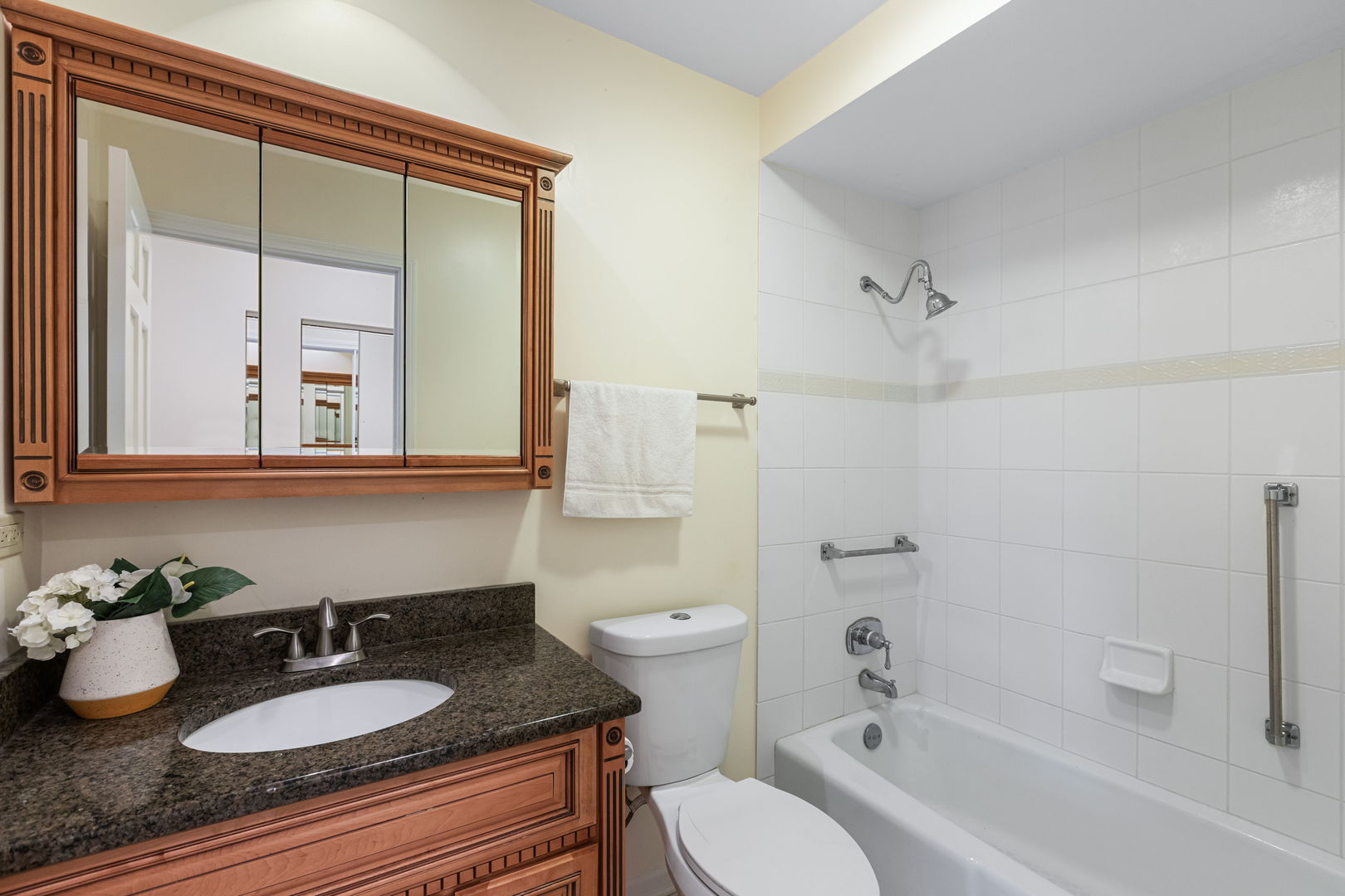 3900 Dundee Road, Unit 303 Northbrook, IL 60062 - Photo 8 of 21 a bathroom with a granite countertop sink mirror toilet and bathtub