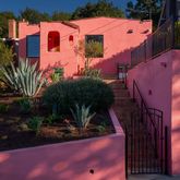 an outdoor space with seating space