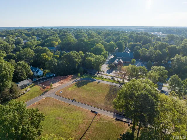 an aerial view of residential houses with outdoor space and trees