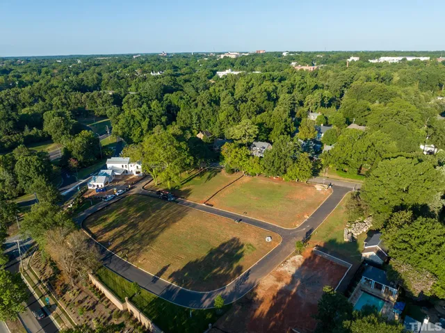 an aerial view of a pool