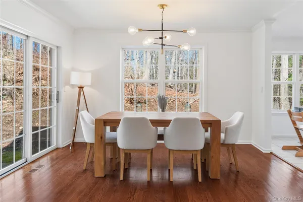 a view of a dining room with furniture window and wooden floor