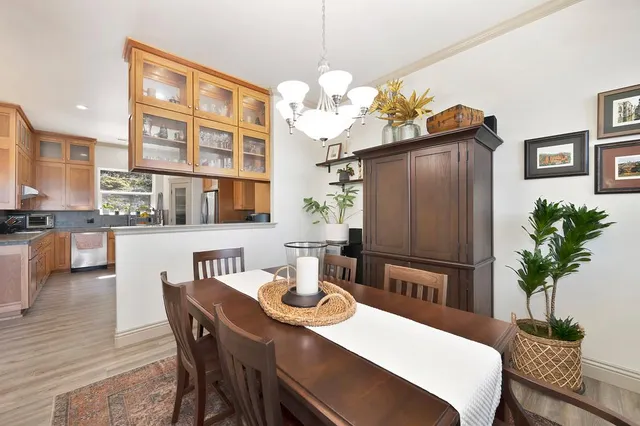 a dining room with furniture potted plants and wooden floor
