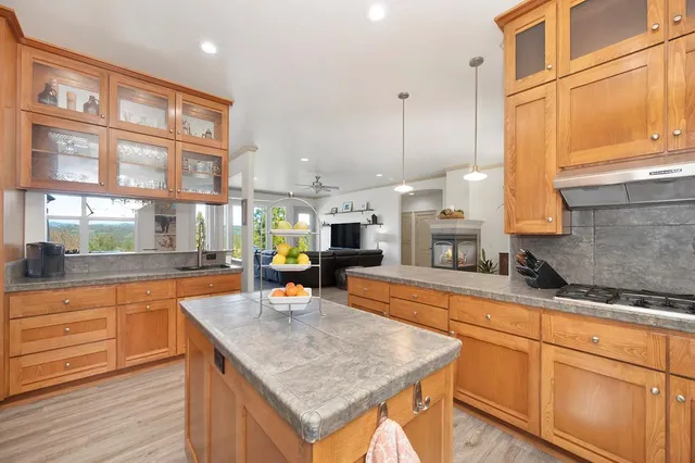 a kitchen with stainless steel appliances granite countertop a sink and a stove