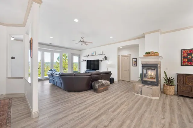 a living room with furniture and a fireplace