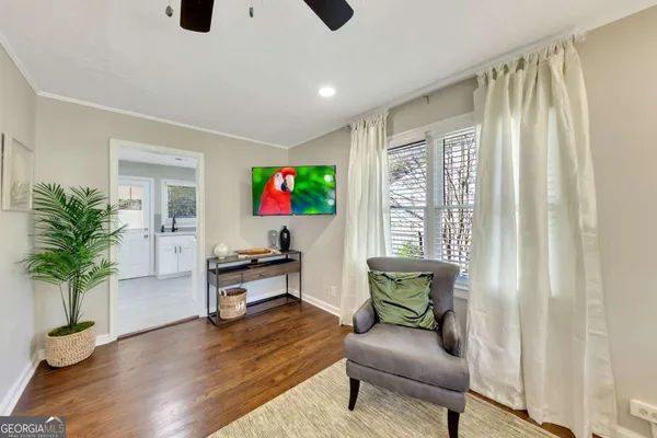 a living room with furniture and a potted plant